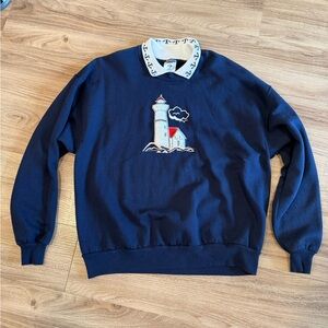 Jerzees Navy Crewneck Sweater with Lighthouse Embroidery